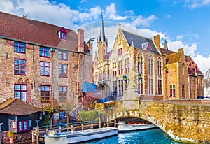 Medieval buildings along a canal in Bruges, Belgium