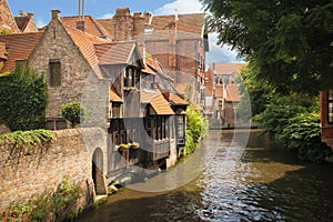 Medieval buildings along the canals. Bruges. Belgium