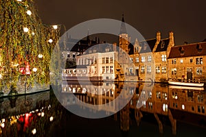 Medieval buildings in Bruges, Belgium old town Brugge illuminated at night