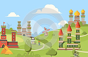 Medieval buildings. Horizontal background of kingdom castles buildings from bricks and wood old street with towers
