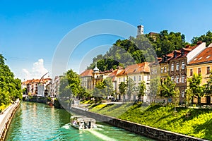 Medieval buildings and ljubljanica river in Ljubljana - Slovenia