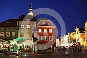 Medieval buildings in Market Square at night. Poznan. Poland
