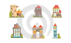 Medieval Buildings Set, Ancient Stone Mansions and Castles Cartoon Vector Illustration