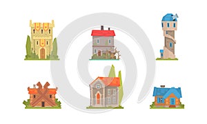 Medieval Buildings Set, Ancient Stone and Wooden Houses and Castles Cartoon Vector Illustration