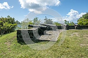 Medieval cannons on the hilltop of Fort Hamilton on Bequia Island, St Vincent and the Grenadines, Lesser Antilles, Caribbean