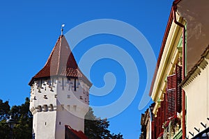 Medieval Carpenters Tower in downtown of the largest saxon city of Transylvania, Sibiu, Romania