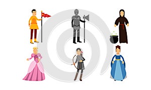Medieval Cartoon Characters Of A Princess, A Herald, A Knight, A Wizard, An Archer And A Lady In Vector Illustration Set