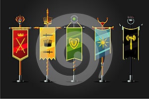 Medieval cartoon flag set. Insignia game design icon collection. Fantasy concept,