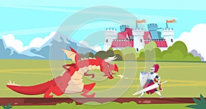 Medieval cartoon scene. Dragon and knight warrior fight, monster and prince fairy tale flat characters. Vector medieval