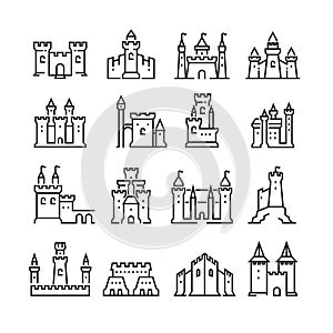 Medieval castle and ancient tower fortress line vector icons