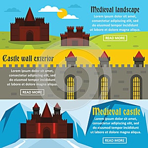 Medieval castle banner horizontal set, flat style