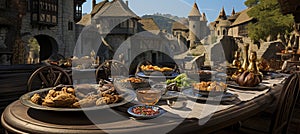 Medieval castle banquet majestic feasting in candlelit hall with royal feasts, golden light