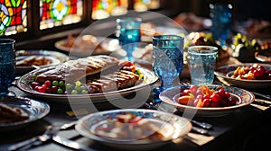 Medieval castle banquet wooden tables, flickering candles, decadent feasts, golden sunlight