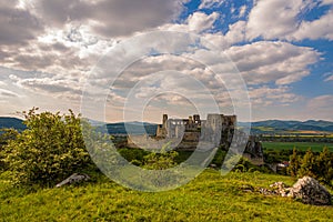 Medieval castle Beckov with surrounding landscape on a spring sunny day, Slovakia, Europe.