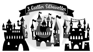 Středověký hrad černý silueta. pohádka palác vektor ilustrace na bílém. hrad silueta 