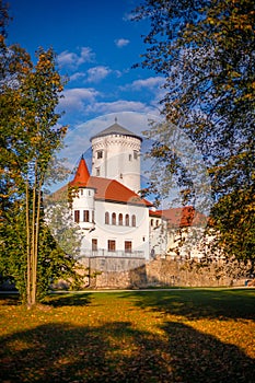 Medieval castle Budatin with park at autumn season, Slovakia