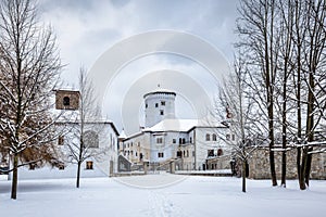 Středověký hrad Budatín v zimě, nedaleko města Žilina na Slovensku