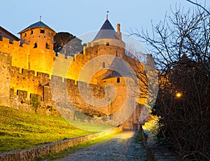 Medieval castle of Carcassonne in evening