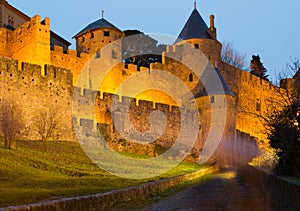 Medieval castle of Carcassonne in evening