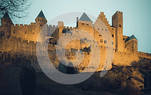 Medieval Castle at Carcassonne in sunset