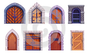Medieval castle doors. Ancient palace gates or old building carpentry door, entry gate mystery cellar stone gothic house