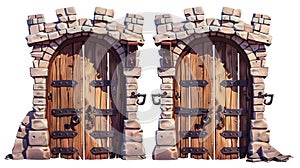 A medieval castle or dungeon with two double wooden doors decorated with different stages of decoration, iron handles