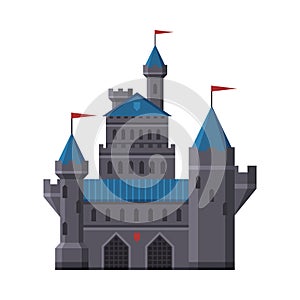 Medieval Castle, Fairytale Fortress with Blue Towers, Old Fortified Palace Vector Illustration