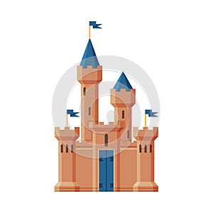 Medieval Castle, Fairytale Fortress with Blue Towers, Old Stone Fortified Palace Vector Illustration