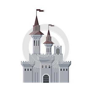 Medieval Castle, Fairytale Fortress with Towers, Old Stone Fortified Palace Exterior Vector Illustration