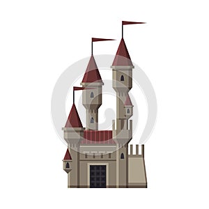 Medieval Castle, Fairytale Fortress with Towers, Old Stone Fortified Palace Vector Illustration