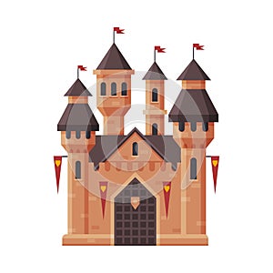 Medieval Castle, Fairytale Fortress with Towers and Red Flags, Ancient Fortified Palace Exterior Vector Illustration