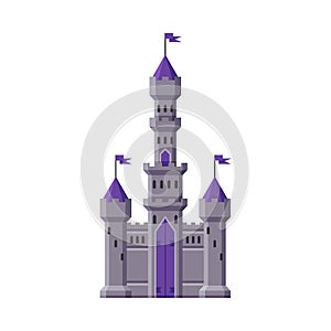 Medieval Castle, Fairytale Stone Fortress with Flags, Ancient Fortified Palace Exterior Vector Illustration