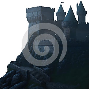 Medieval castle on a fantasy mist mountain landscape. stone medieval fort. PNG Isolated transparent background.