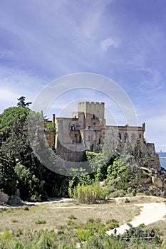 Medieval castle of Ferragudo, ancient fishing village of the Algarve, Portugal. Vertically