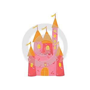 Medieval castle with flanking towers, wooden gate and flags on conical roof. Pink princess palace. Fairy tale building
