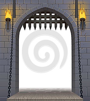 Medieval castle gate with a drawbridge and torches with a white photo