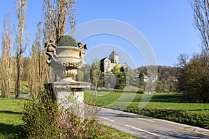 The medieval castle Herblingen and the decorative flower pot in Schaffhausen, Switzerland.