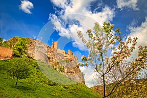 Stredoveký hrad Lednica na jarnom slnečnom dni, Slovensko