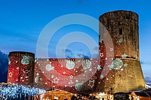 The Medieval Castle of Lettere during the Christmas time, with lights and Christmas markets, Naples, Italy