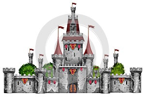 Medieval castle, magic fantasy fortress isolated on white, vector stone palace game illustration.