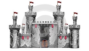 Medieval castle, magic fantasy fortress isolated on white, vector stone palace game illustration.