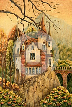 Medieval castle with mountains, forest, bridge and branches.