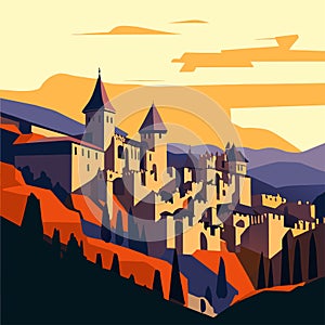 Medieval castle in the mountains at sunset, vector illustration in flat cartoon style Generative AI