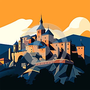 Medieval castle in the mountains. Vector illustration in flat style. generative AI