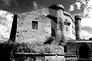 Medieval Castle Odescalchi in Bracciano, Italy, in black and white.