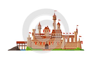Medieval Castle with Red Flags, Ancient Stone Fortress Building Vector Illustration