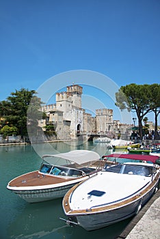 medieval castle Scaliger in old town of Sirmione . beautiful lake Lago di Garda, Italy