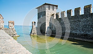 Medieval castle Scaliger in old town Sirmione on lake Lago di Ga