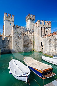 Medieval castle Scaliger in old town Sirmione on lake Lago di Garda, northern Italy