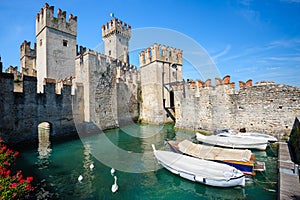 Medieval castle Scaliger in old town Sirmione on lake Lago di Garda, northern Italy